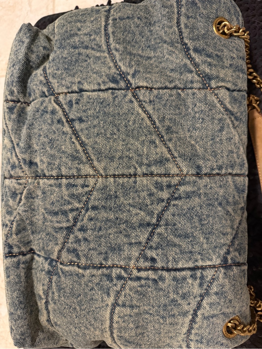 Yves Saint Laurent Quilted Denim Shoulder Bag with Gold Logo and Brown Trim - Picture 5 of 6